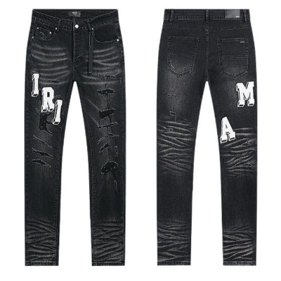 Black Washed Denim Jeans with White AMIRI Letter Patches and Distressing